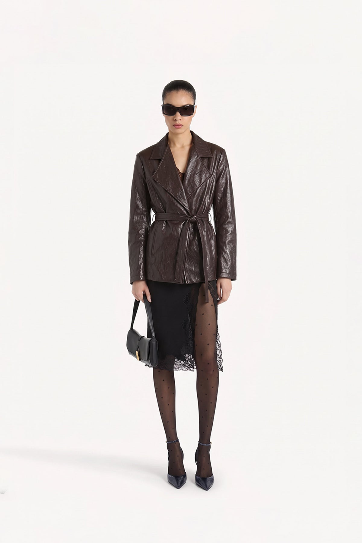 Espresso Faux Leather Self-Belt Jacket