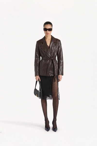 Espresso Faux Leather Self-Belt Jacket
