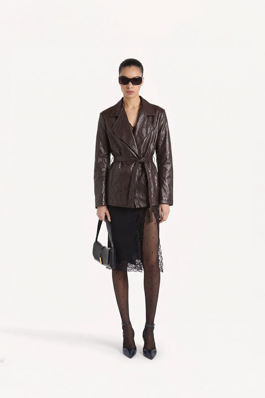Espresso Faux Leather Self-Belt Jacket
