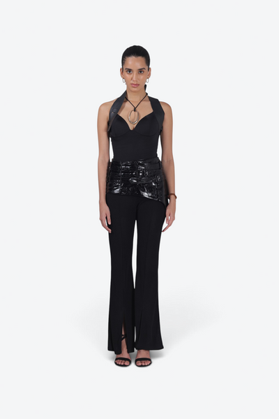 Noir Flare Pants with Luxe Leather Harness belt