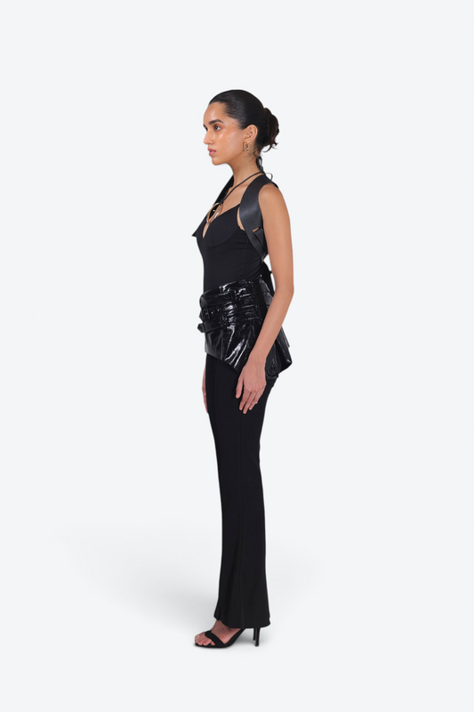 Noir Flare Pants with Luxe Leather Harness belt